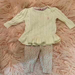 Ralph Lauren Cream Cable Knit Sweater with Floral Trim with pants.